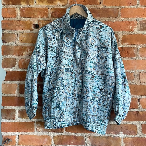Vintage Oversized Boxy Windbreaker Jacket Tall Collar Blue Print Medium - Picture 3 of 7